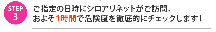 STEP3.ご指定の日時にシロアリネットがご訪問。およそ１時間で危険度を徹底的にチェックします！