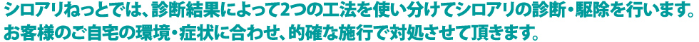 シロアリねっとでは、診断結果によって2つの工法を使い分けてシロアリの診断、駆除を行います。お客様のご自宅の環境、症状に合わせ、的確な施工で対処させていただきます。